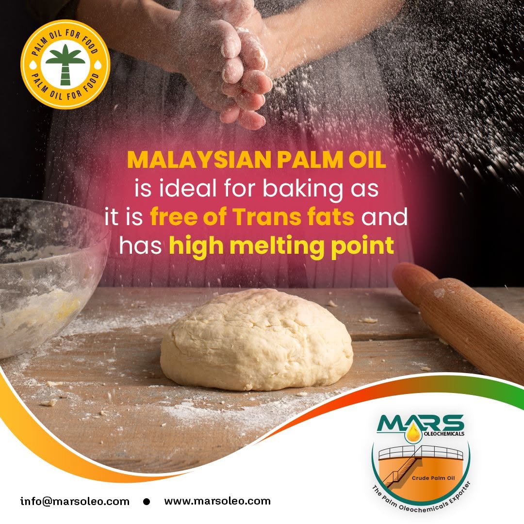 Malaysian Palm Oil for baking with a baker preparing dough, flour falling through the air, a mixing bowl and rolling pin, highlighting non-hydrogenated palm oil as naturally free from industrially produced trans fats and suitable palm-based grades with functional melting properties for bakery applications.