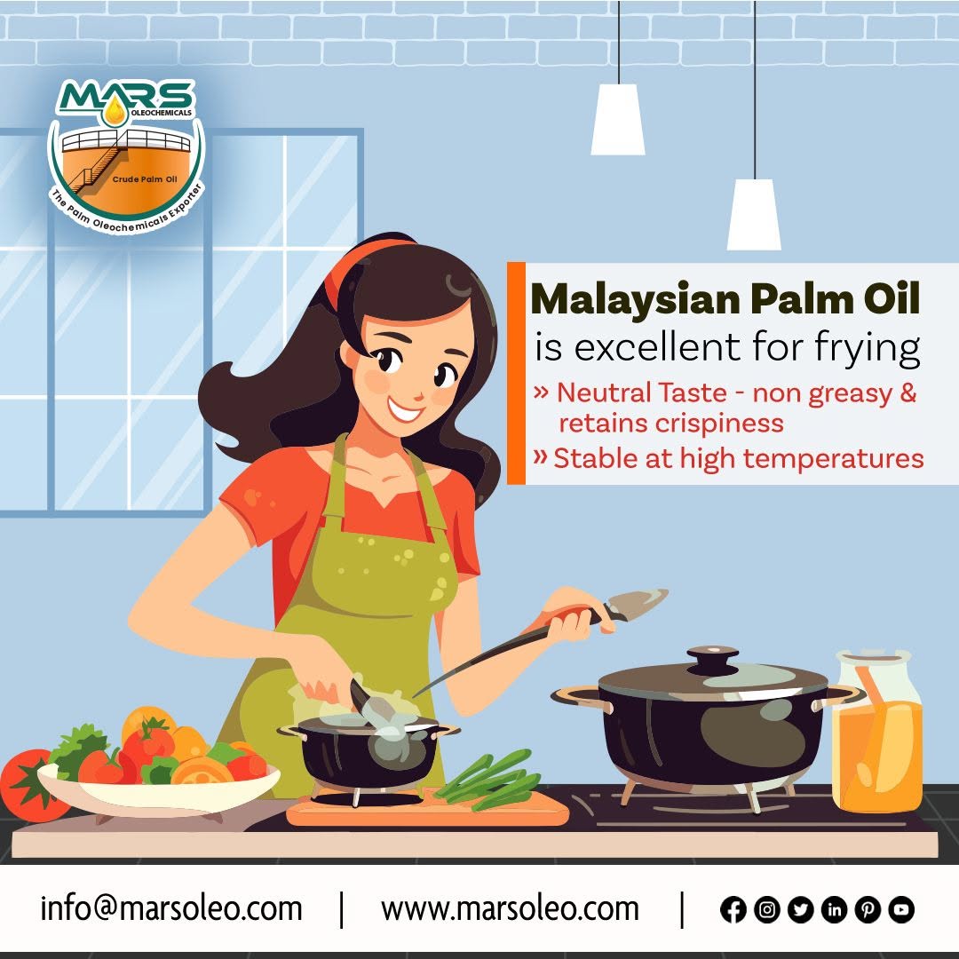 Malaysian palm oil for frying featuring neutral flavour, high-temperature stability and crisp frying performance.