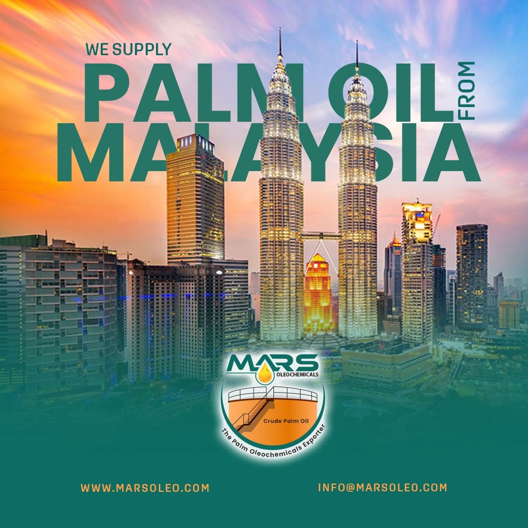 Mars Oleochemicals Malaysian palm oil supply featuring Kuala Lumpur skyline and Malaysian palm oil for global commercial buyers