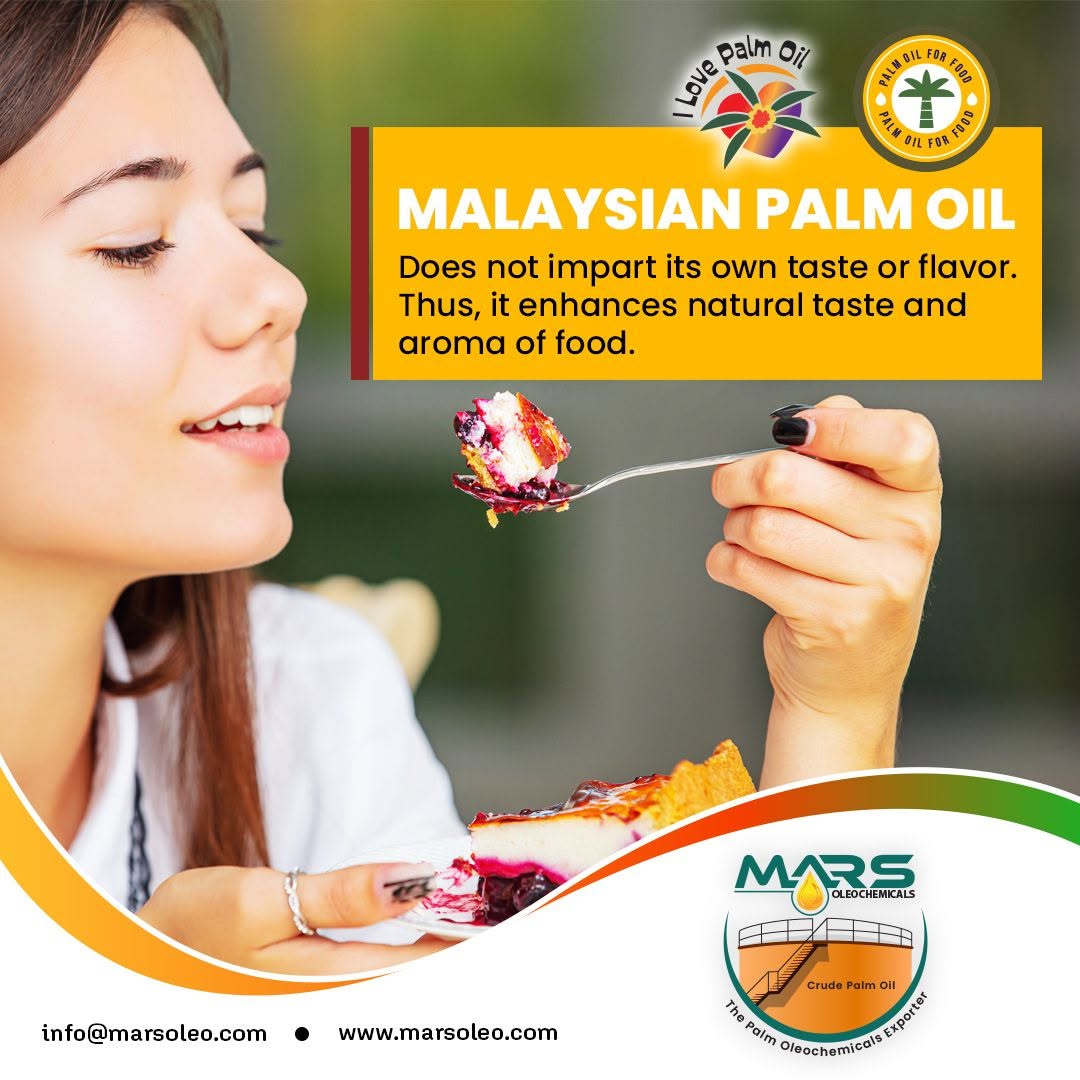 Malaysian Palm Oil for food applications, featuring a woman tasting dessert and highlighting that properly refined palm oil has a neutral to mild taste and aroma profile that does not overpower the natural flavour of food.