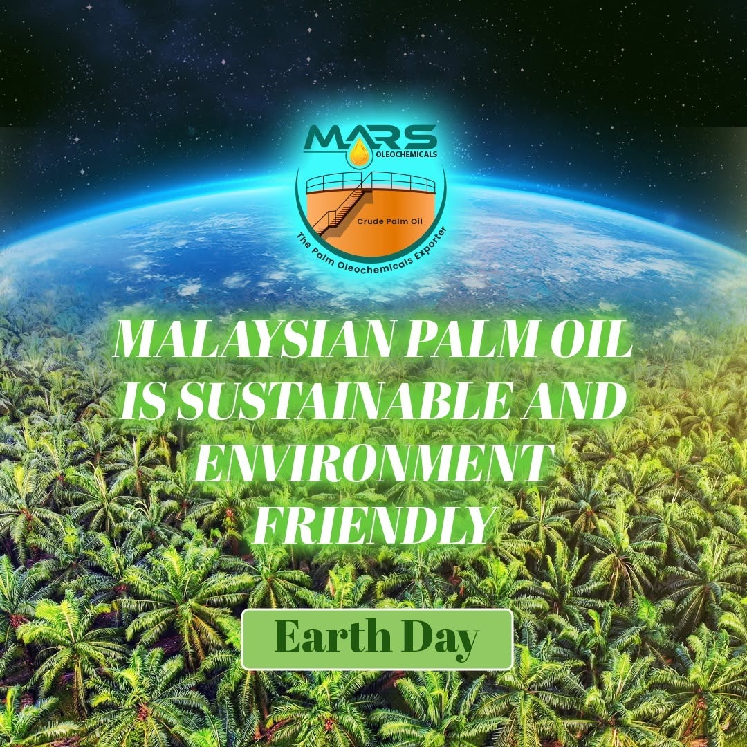 Earth Day Malaysian oil palm plantations with Mars Oleochemicals branding promoting responsible and sustainable palm oil production.