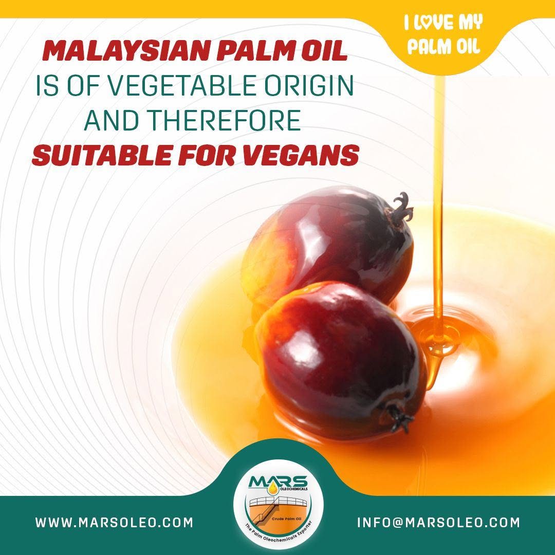 Malaysian palm oil fruit and golden palm oil vegetable origin and suitability for vegan applications.