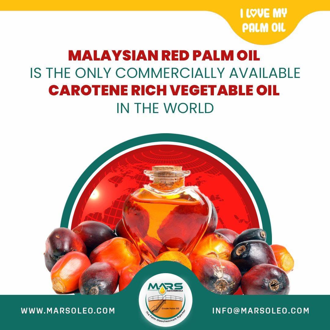 Malaysian red palm oil with oil palm fruits illustrating its natural carotenoid-rich red-orange colour.