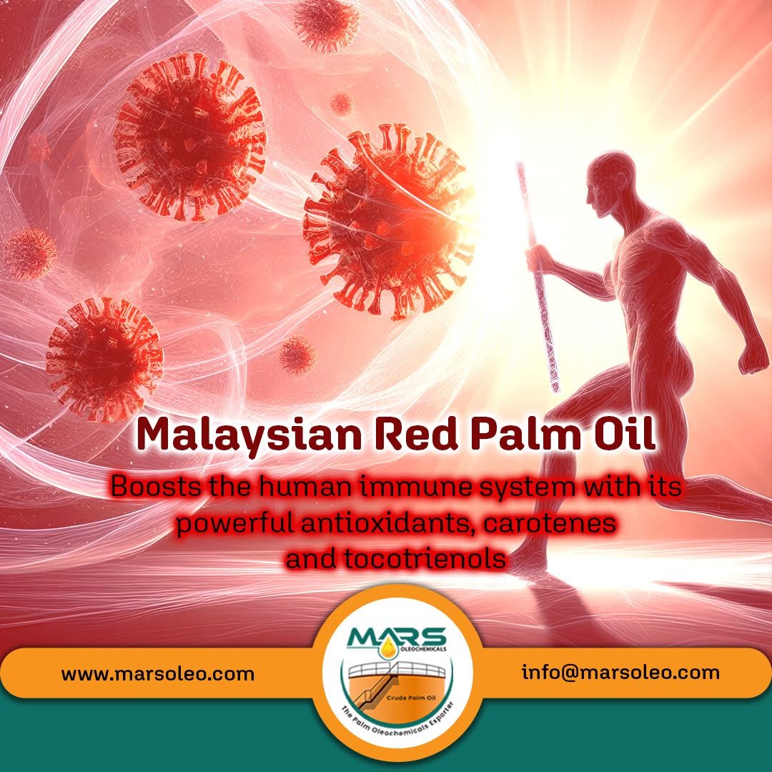 Malaysian Red Palm Oil with naturally occurring antioxidants, carotenoids and tocotrienols, featuring a human immune-system concept, cellular imagery, company branding