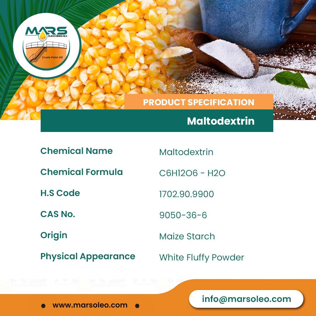 High-quality Maltodextrin powder derived from maize starch used as a bulking agent, thickener, stabilizer, carrier agent and carbohydrate source.