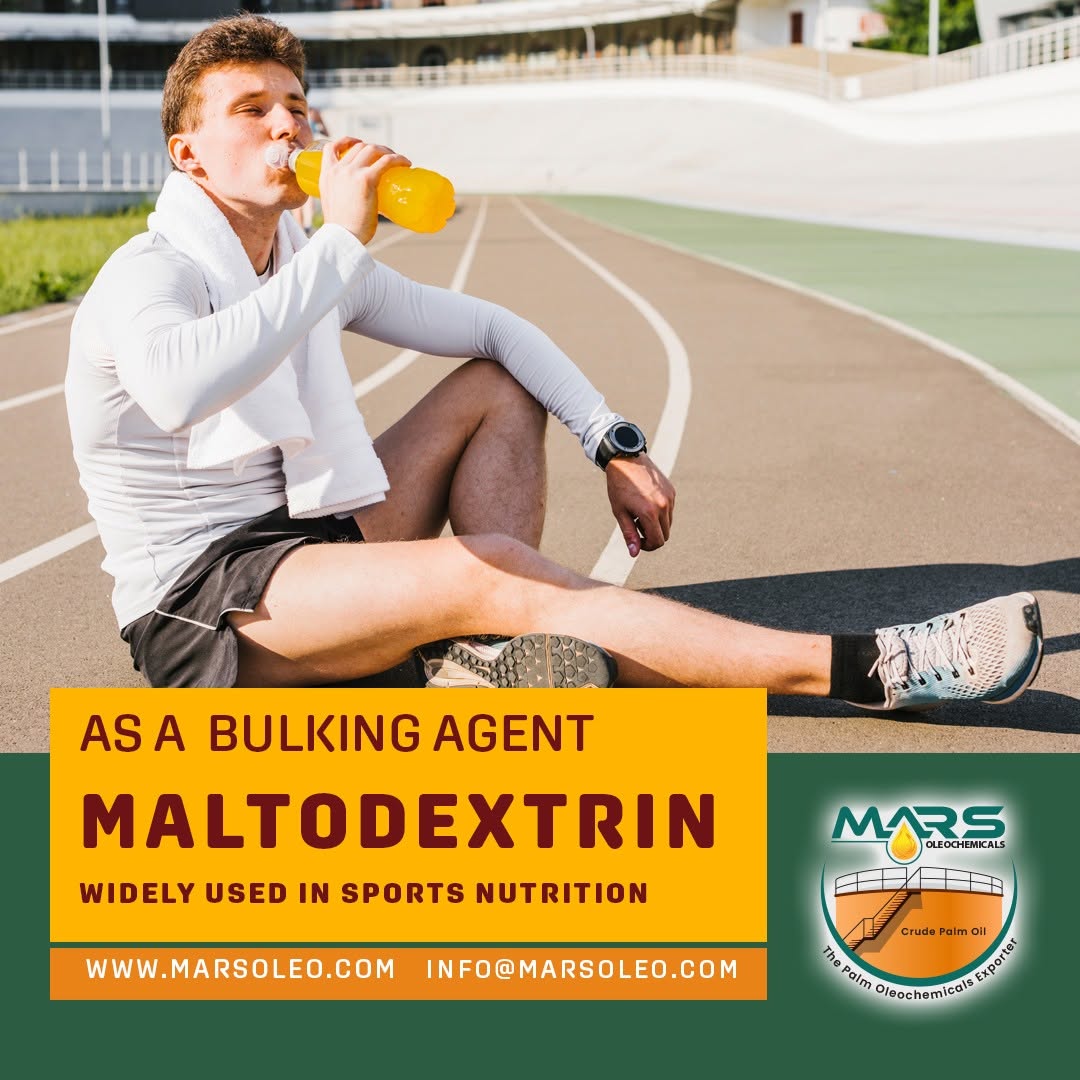 Mars Oleochemicals Maltodextrin featuring an athlete drinking a sports beverage and highlighting sports nutrition applications.