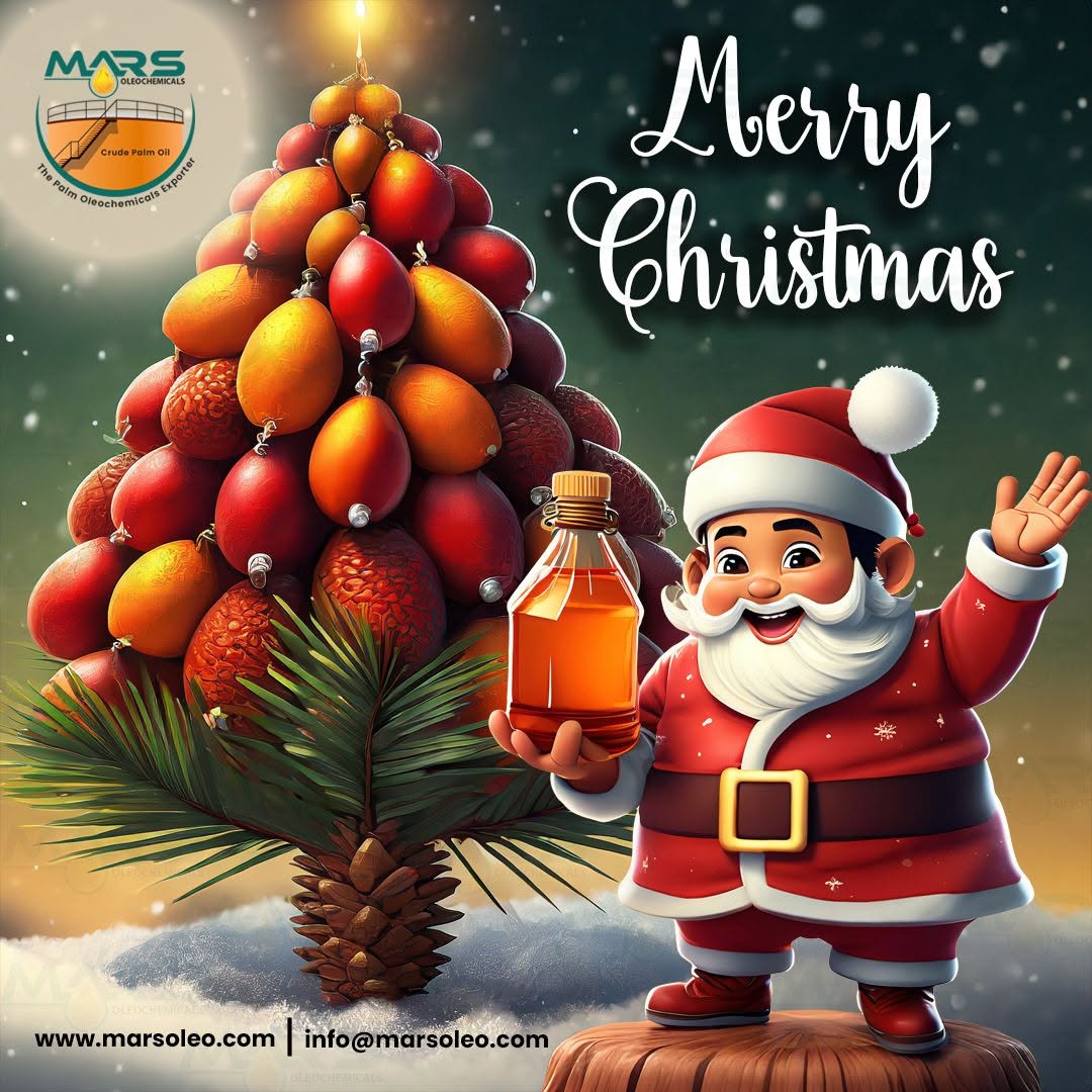 Festive Christmas greeting artwork featuring a palm fruit Christmas tree, Santa Claus, and palm oil theme representing Mars Oleochemicals' holiday wishes to global customers and business partners.