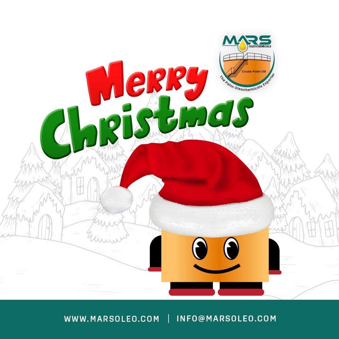 Mars Oleochemicals Christmas greeting featuring Tanky wearing a red Santa hat with Merry Christmas.