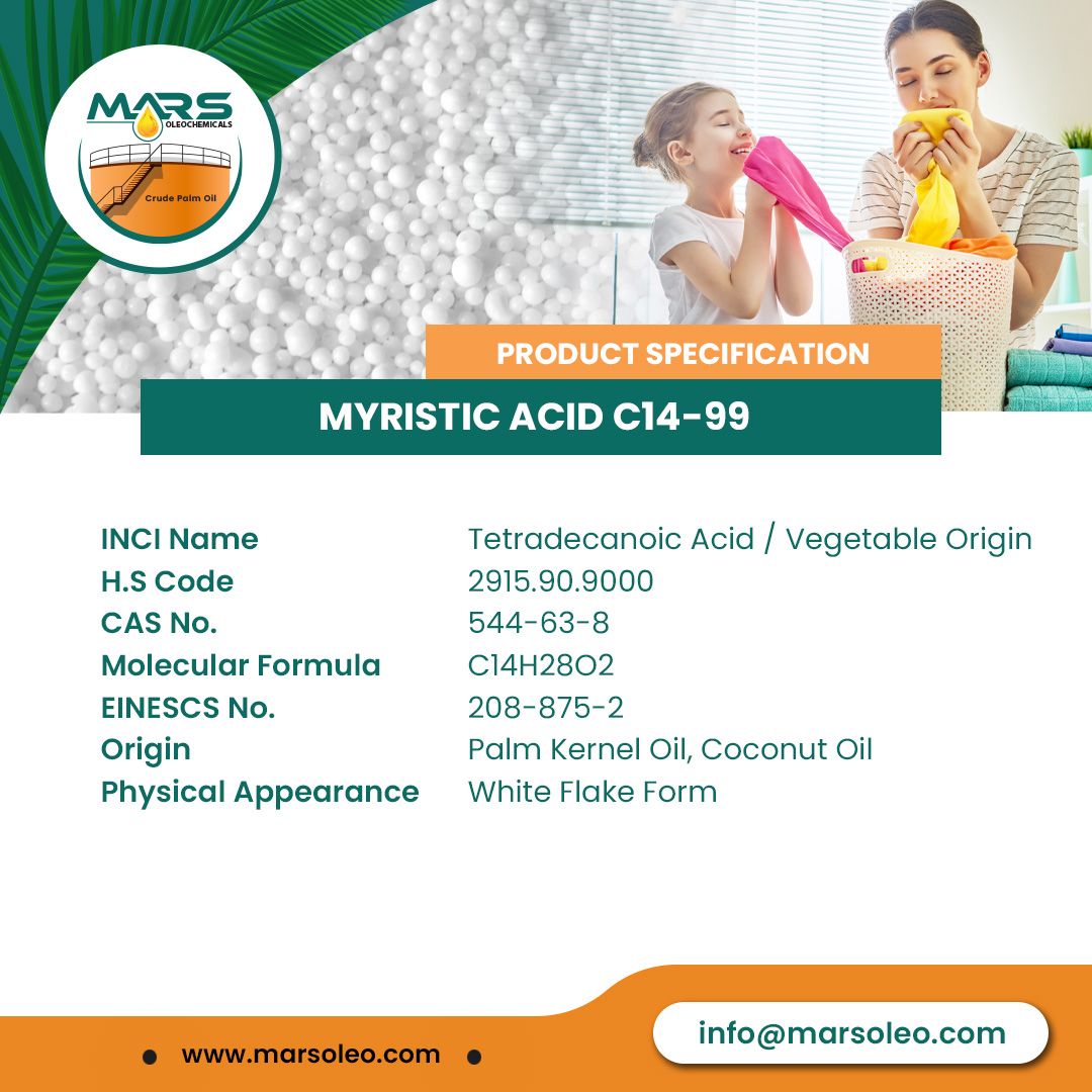 Myristic Acid C14-99 Malaysia supplier palm kernel oil fatty acid for soaps detergents cosmetics surfactants and industrial formulations