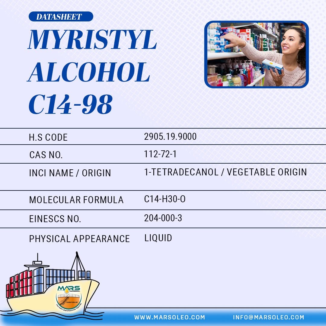 Myristyl Alcohol C14-98 vegetable-derived C14 fatty alcohol for cosmetics, skincare and hair-care formulations.
