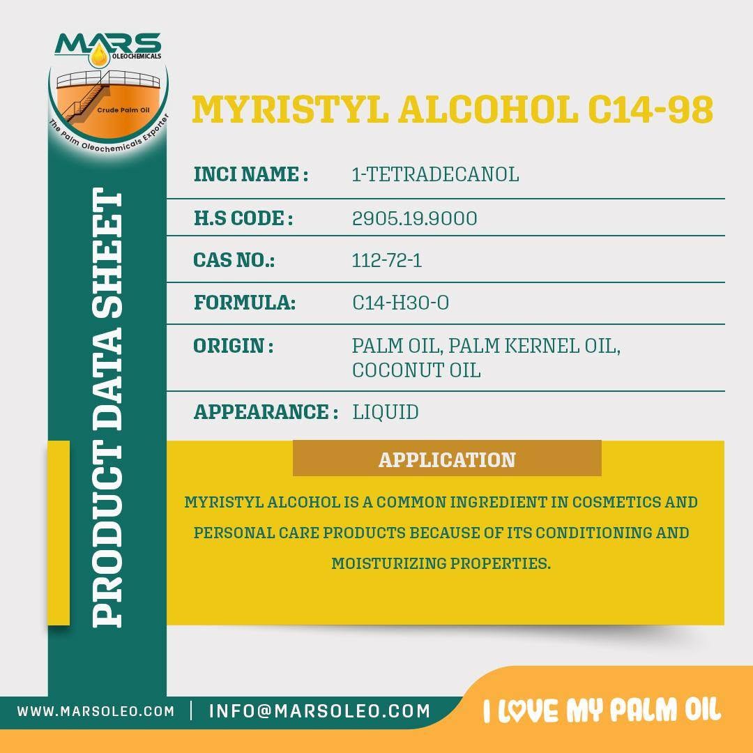 Myristyl Alcohol C14-98 product data sheet, vegetable oil feedstocks, specifications and cosmetic and personal care applications
