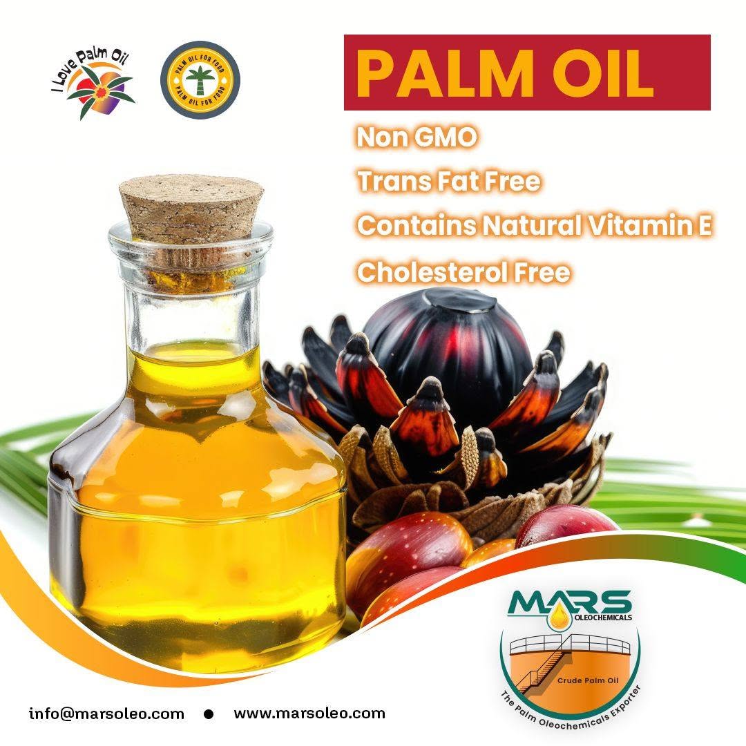 Bottle of golden Malaysian palm oil beside fresh oil palm fruits, highlighting verified Non-GMO options, natural vitamin E, no dietary cholesterol and freedom from artificial trans fat.