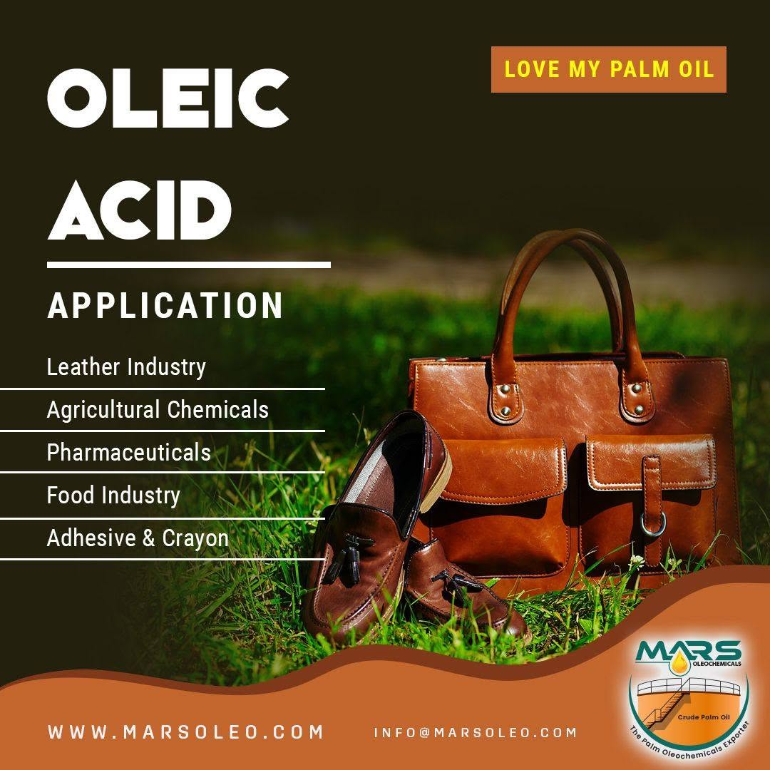 Oleic Acid 75% applications leather, agricultural chemicals, adhesives and industrial manufacturing uses.