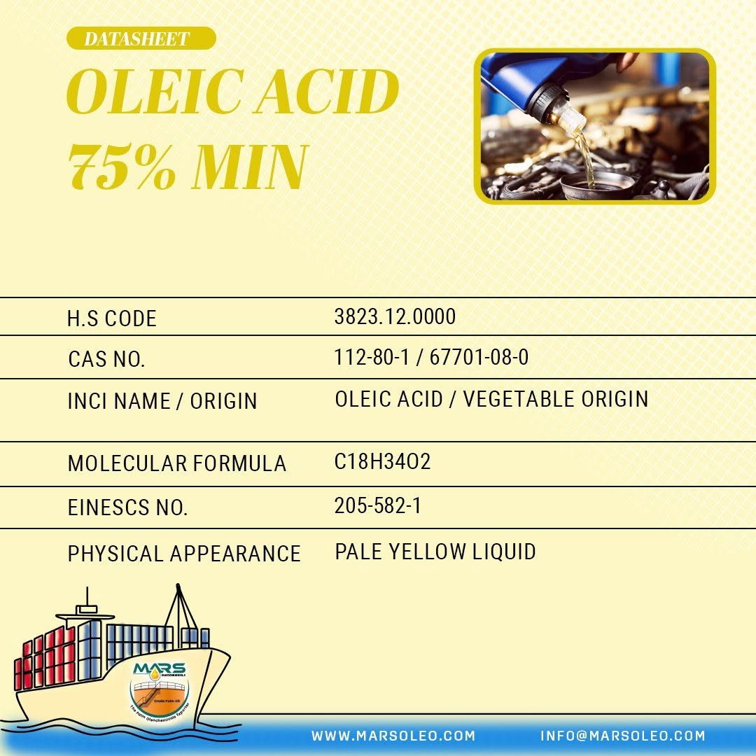 Oleic Acid 75% Min vegetable-origin C18:1 fatty acid for lubricants, metalworking fluids and industrial applications.