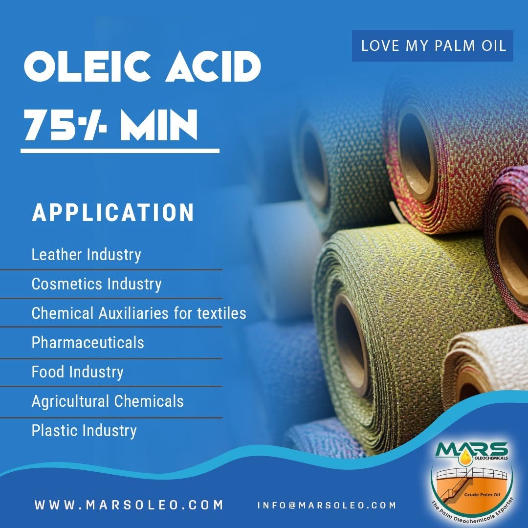 Oleic Acid 75% Min applications textile, leather, cosmetic, plastic and industrial manufacturing uses.