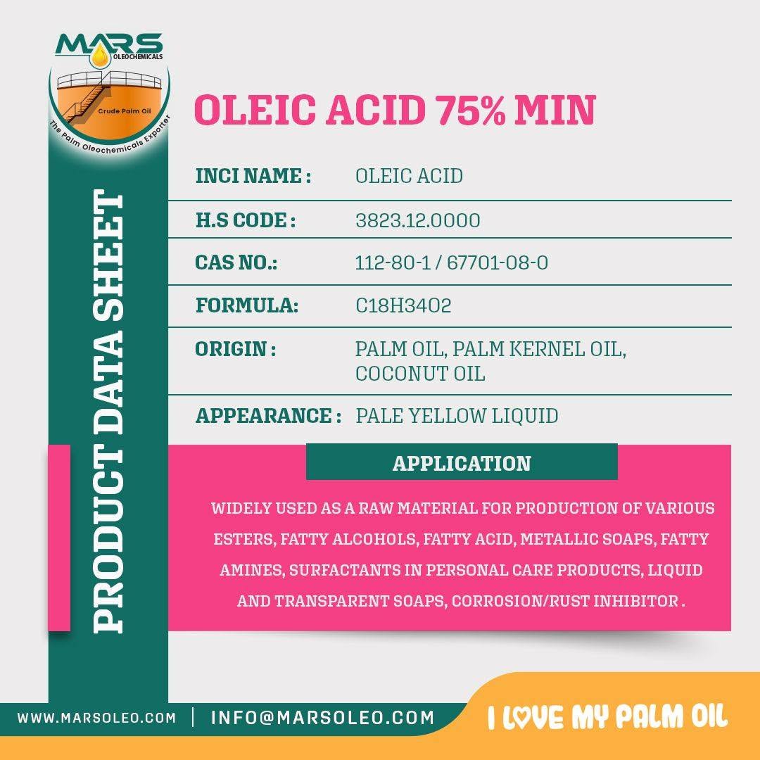 Oleic Acid 75% Min product data sheet vegetable oil origin, pale yellow liquid appearance and applications