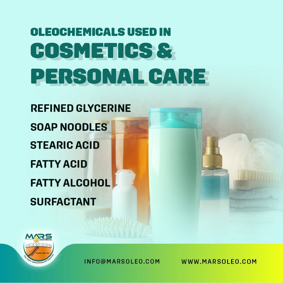 Oleochemicals for cosmetics and personal care including refined glycerine, stearic acid, fatty acids, fatty alcohols and surfactants.