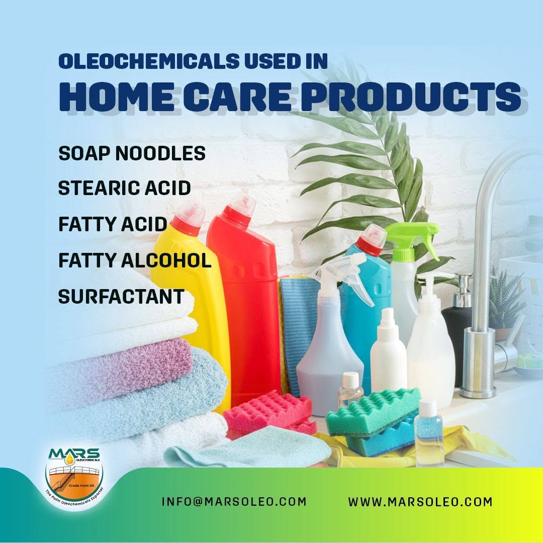 Oleochemicals for home care including soap noodles, stearic acid, fatty acids, fatty alcohols and surfactants.
