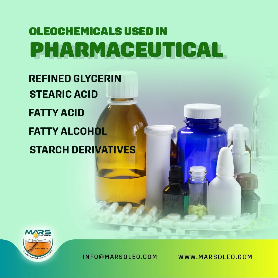 Pharmaceutical representing refined glycerine, stearic acid, fatty acids, fatty alcohols and starch-derived formulation materials.