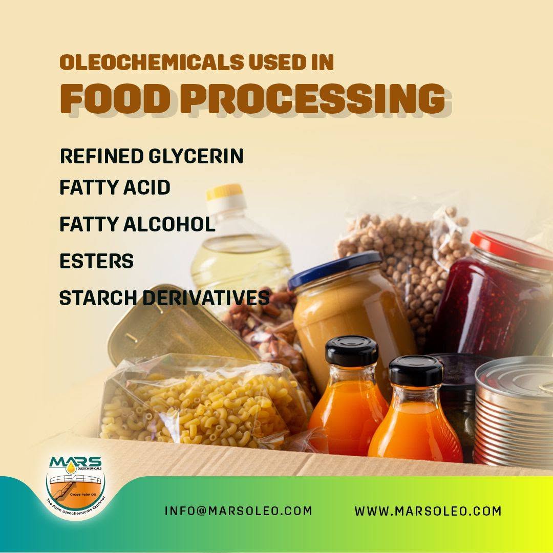Food processing including refined glycerine, fatty acids, food-grade esters and starch derivatives for manufacturing applications.