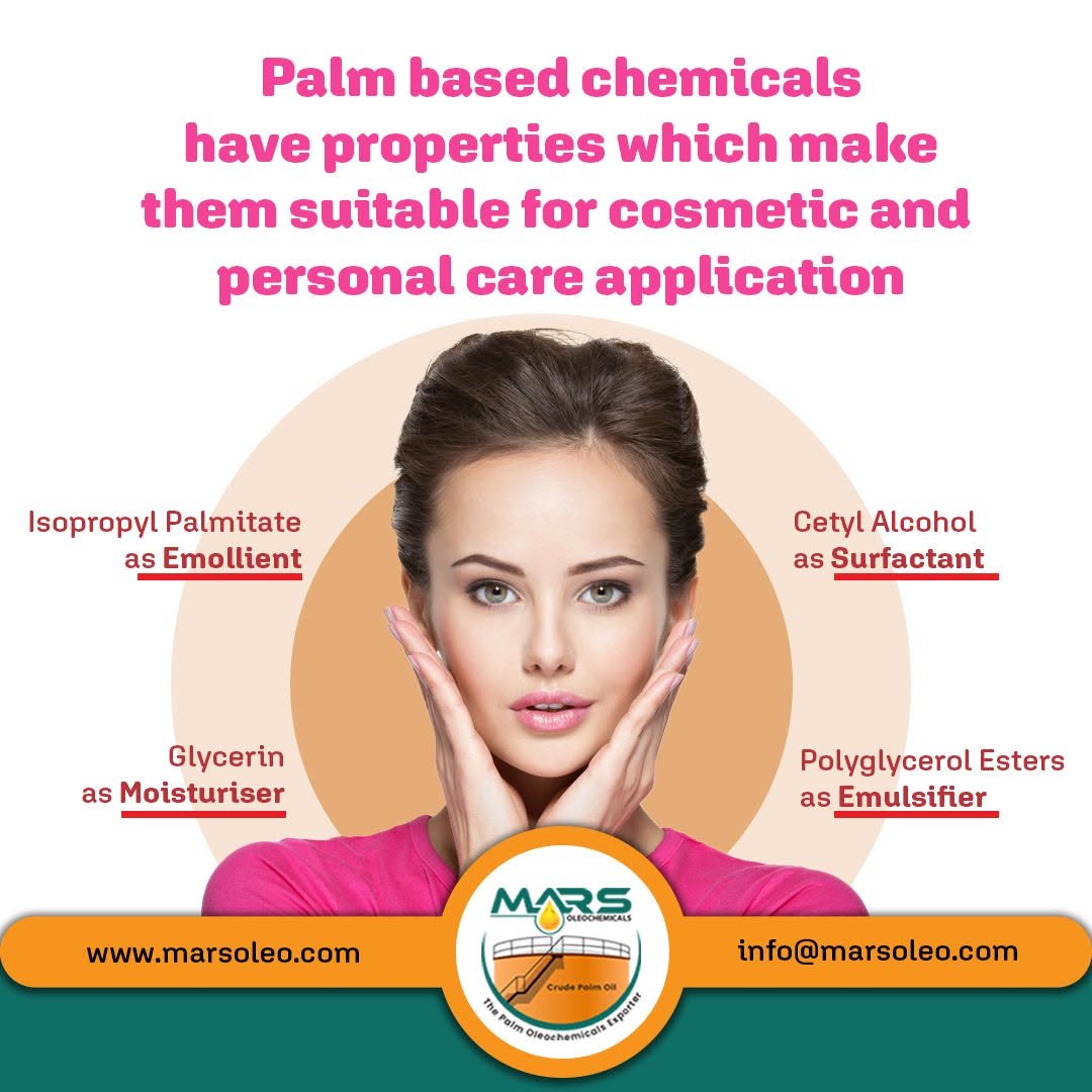 palm-based chemicals for cosmetic and personal care applications, including Isopropyl Palmitate as emollient, Cetyl Alcohol, Glycerin as moisturiser and Polyglycerol Esters as emulsifier.