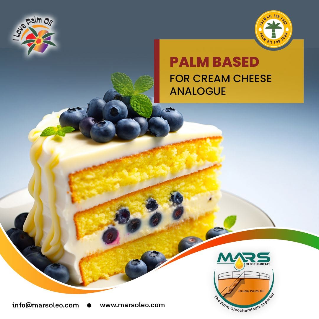 Premium palm-based fat for cream cheese analogue providing smooth texture, creamy mouthfeel, and stable food processing performance for bakery and dairy alternative applications.
