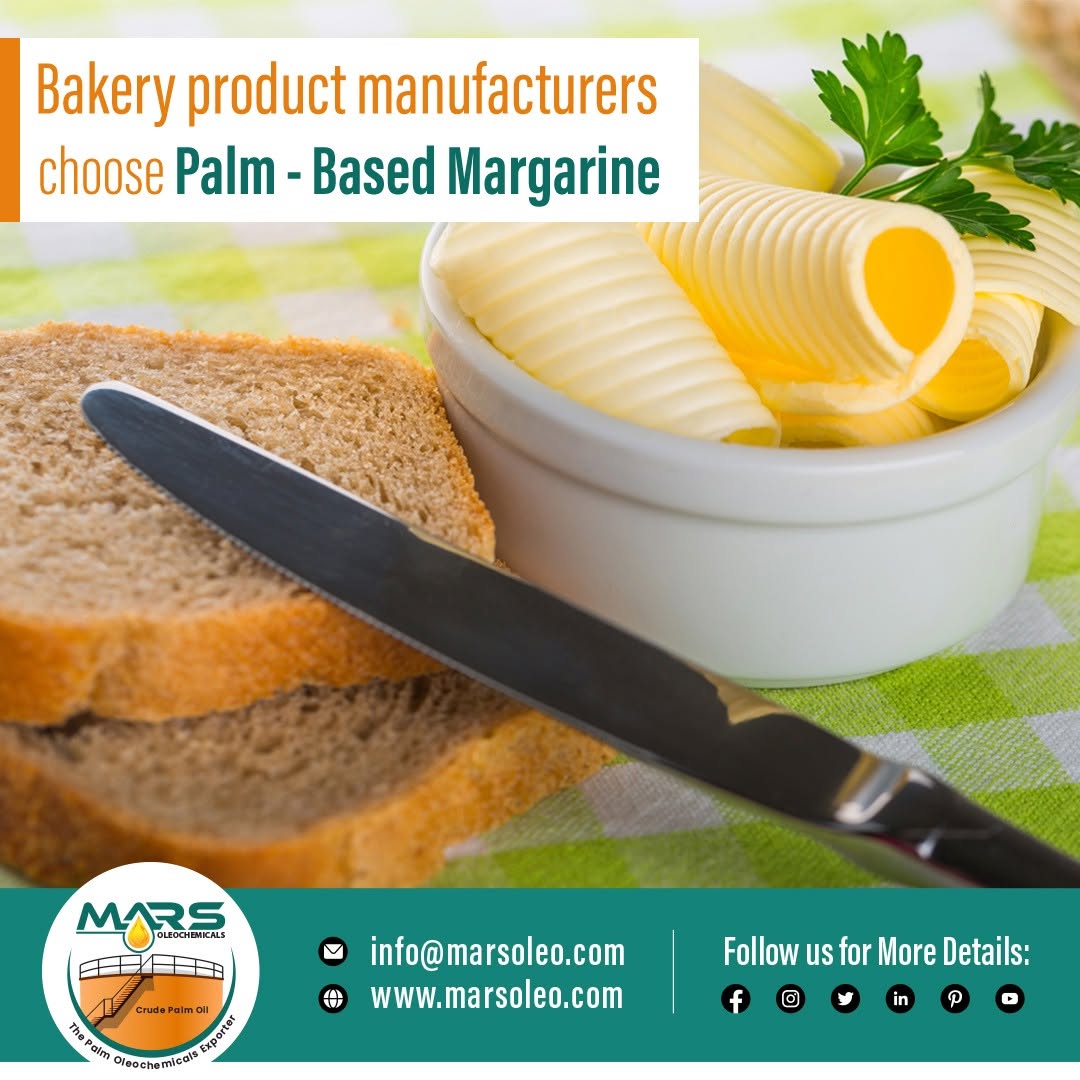 Palm-based margarine beside bread representing bakery margarine for cakes, cookies, bread and pastry manufacturing.