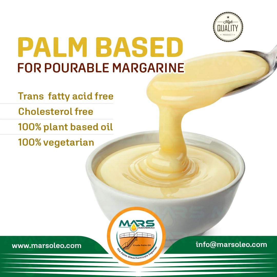 Palm Based Pourable Margarine supplied by Mars Oleochemicals, offering a trans fatty acid free, cholesterol free, 100% plant-based oil and vegetarian solution for food applications.