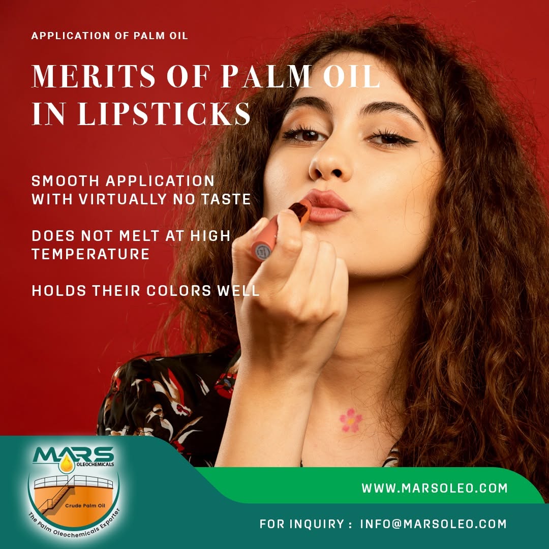 Palm-derived oils and oleochemical ingredients used in cosmetic lipstick formulations.