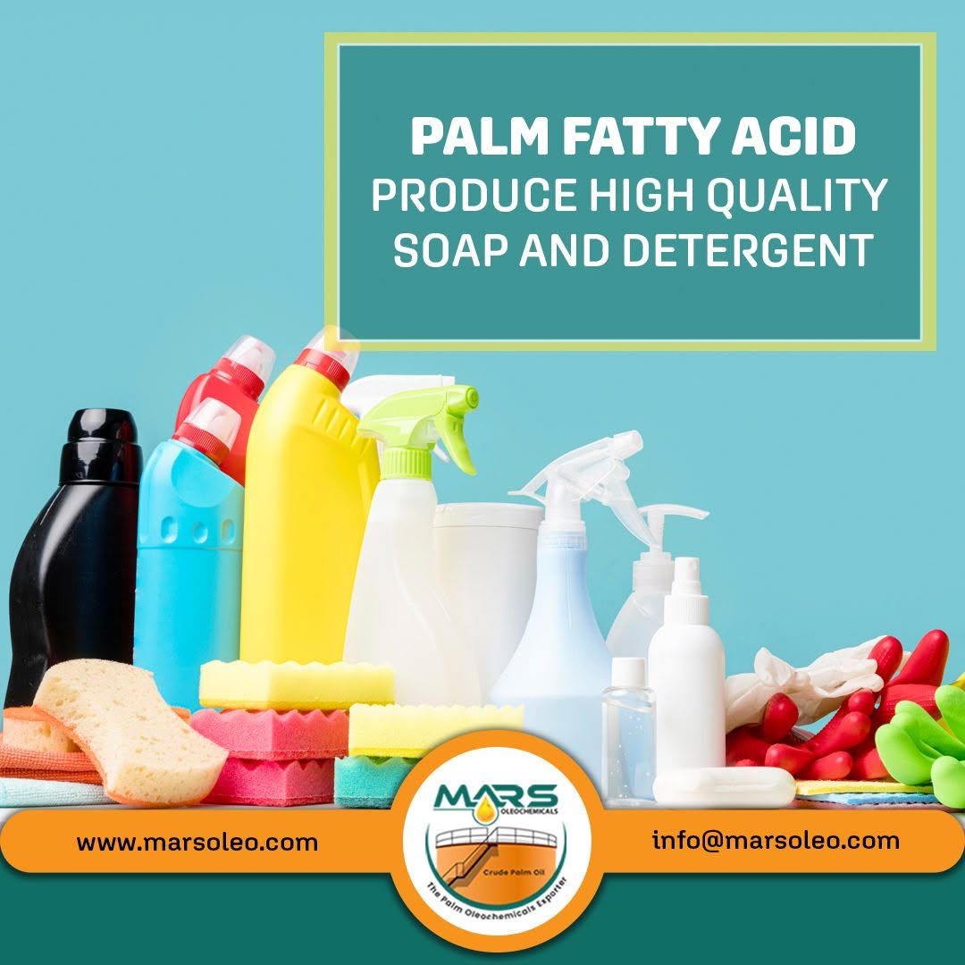 Palm Fatty Acid used as a raw material for high-quality soap and detergent manufacturing, with cleaning bottles, soaps, sponges, gloves and home care products.