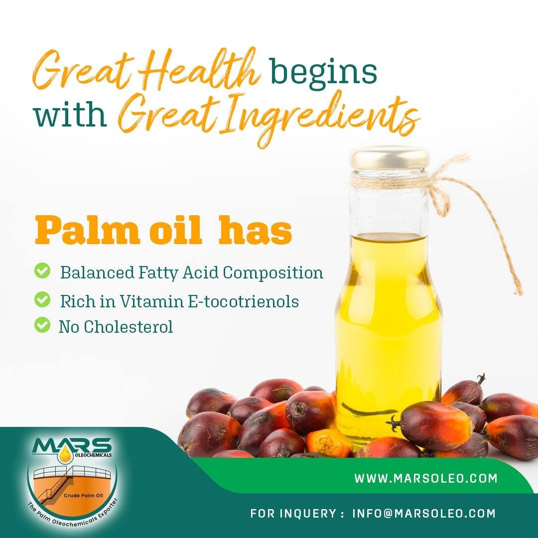 Palm oil surrounded by oil palm fruits fatty acids, vitamin E and cholesterol-free palm oil.
