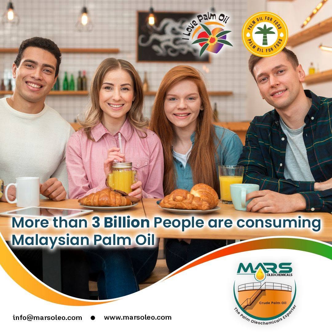 Four people sharing breakfast with text explaining that more than 3 billion people in over 150 countries consume palm oil as a major dietary-fat source.