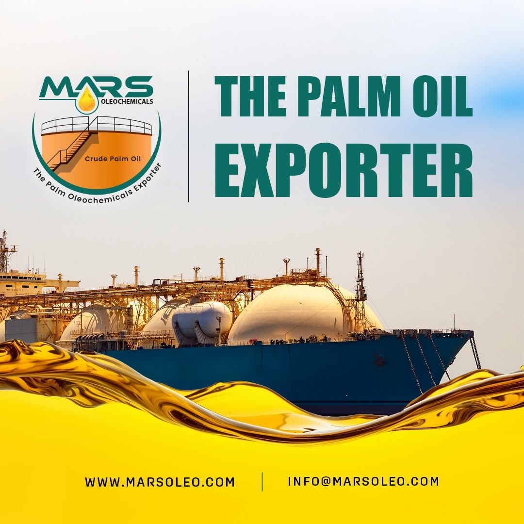 Mars Oleochemicals palm oil exporter featuring a tanker vessel and golden palm oil representing international bulk supply.