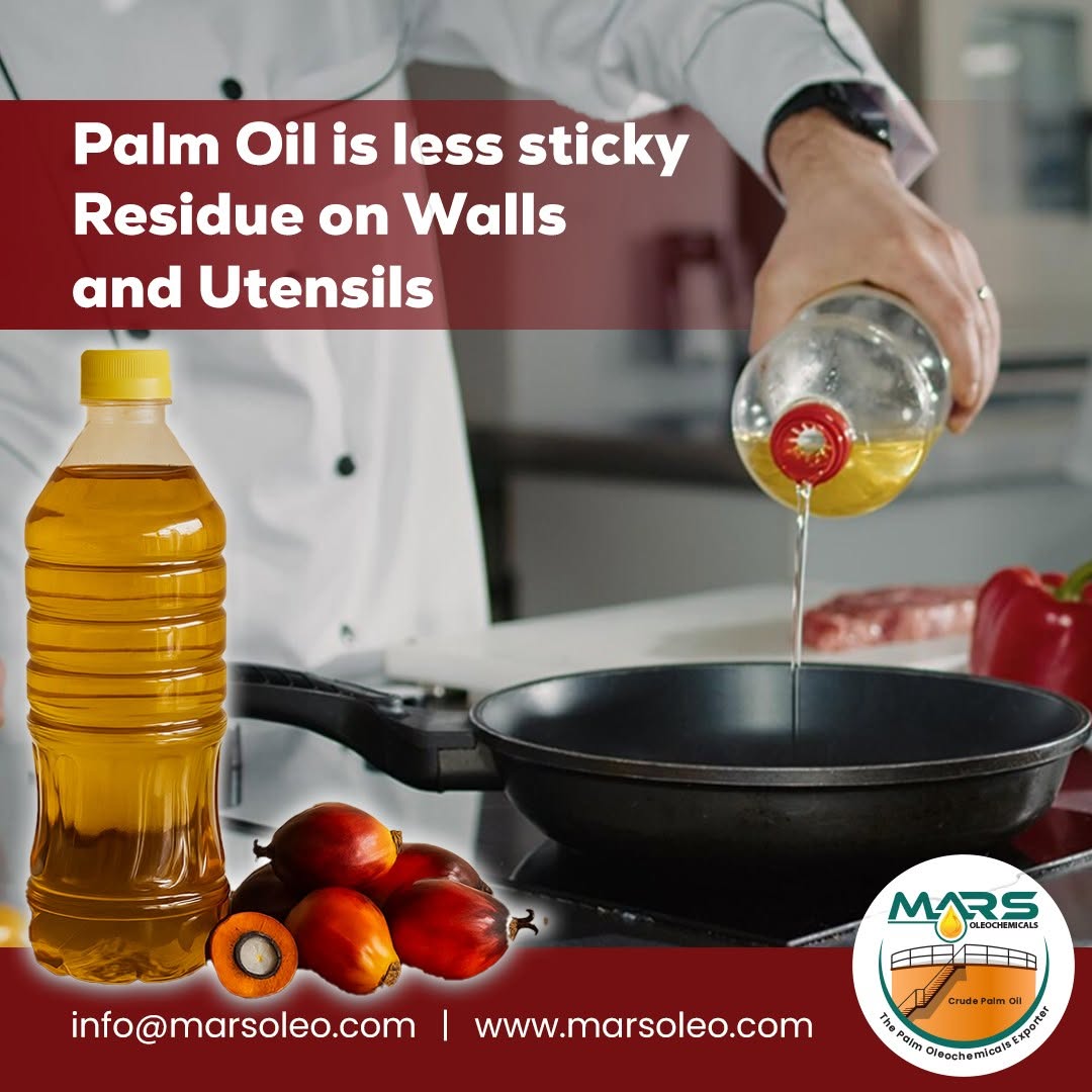 Mars Oleochemicals palm oil used in cooking, with a frying pan, kitchen setting and palm fruit.