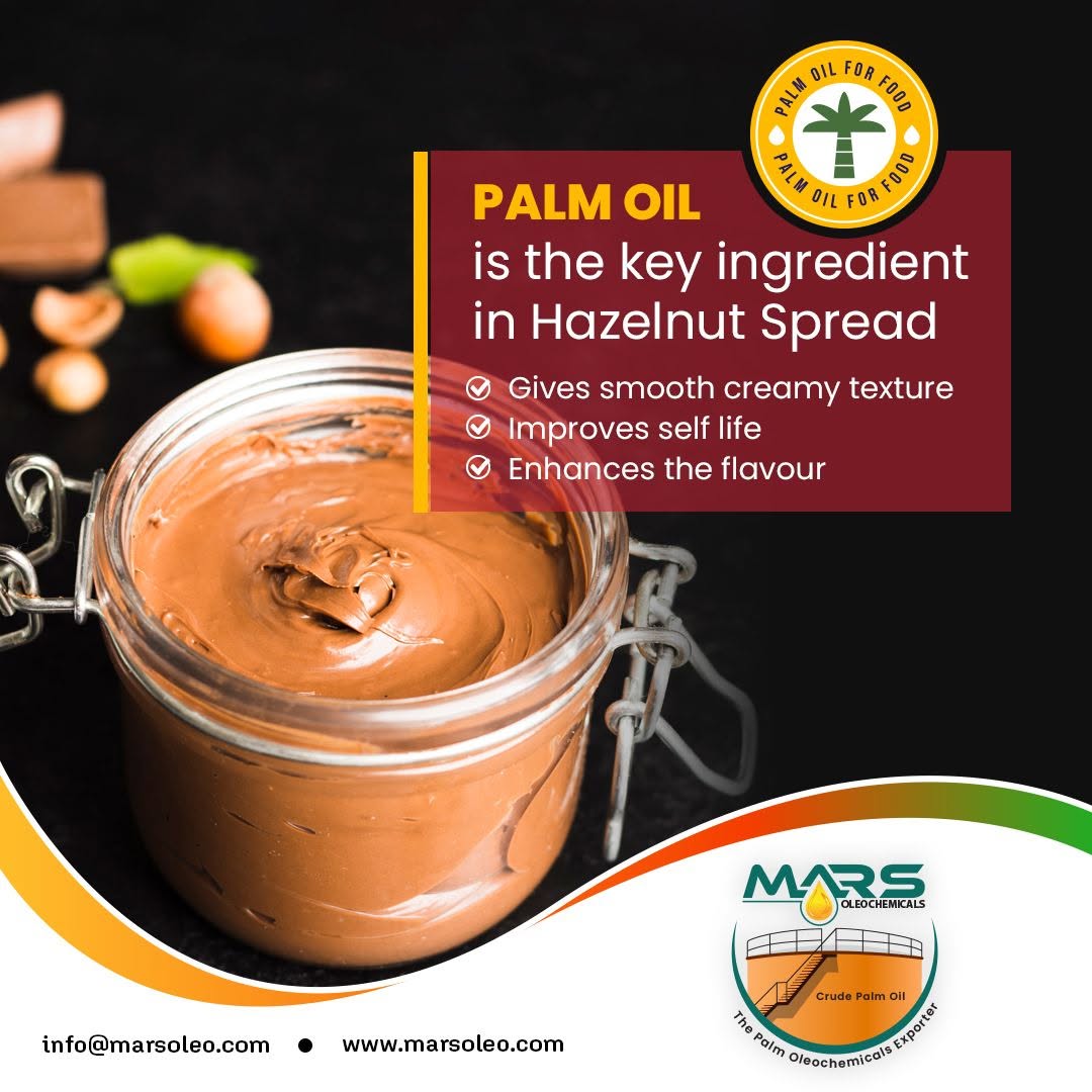 Palm Oil as an ingredient for hazelnut spread, featuring a glass jar filled with smooth creamy chocolate hazelnut spread and highlighting benefits such as smooth texture, product stability and flavour performance.
