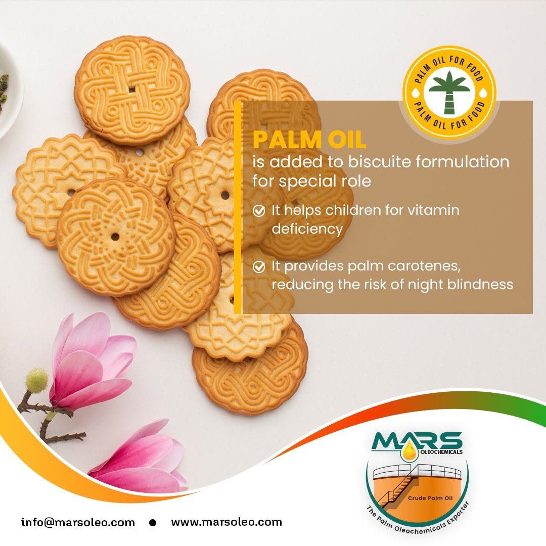 Mars Oleochemicals supplies high-quality Palm Oil for biscuits, cookies, crackers, bakery fats and food manufacturing applications, with suitable carotenoid-rich palm products also applicable in certain fortified food formulations.