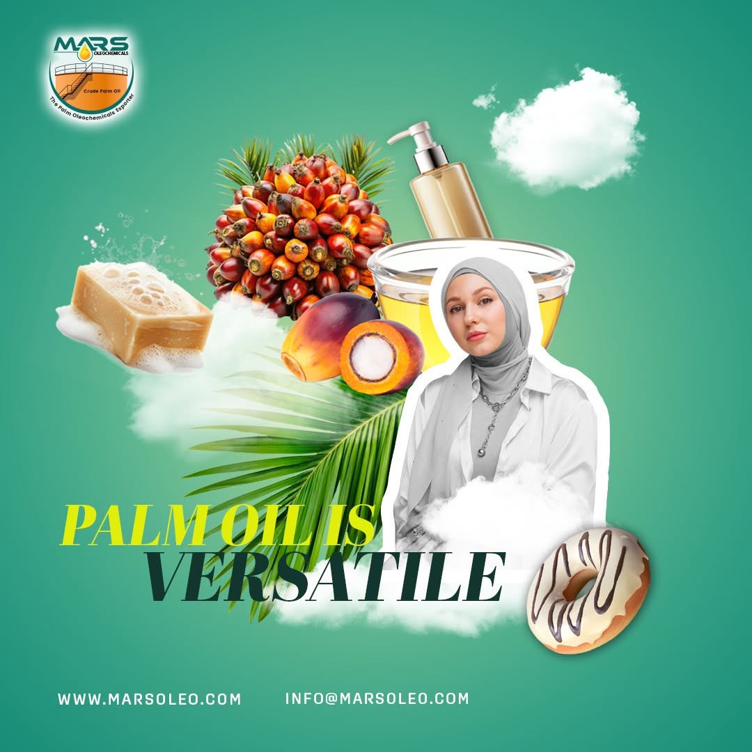 Mars Oleochemicals palm fruits, oil, a skincare bottle, soap and bakery palm oil versatility.