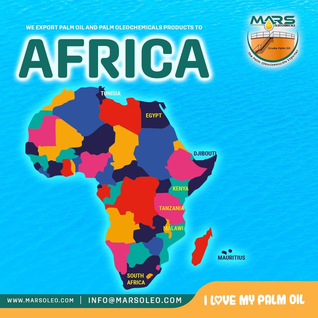 Mars Oleochemicals palm oil and oleochemical export markets including Egypt, Kenya and South Africa.