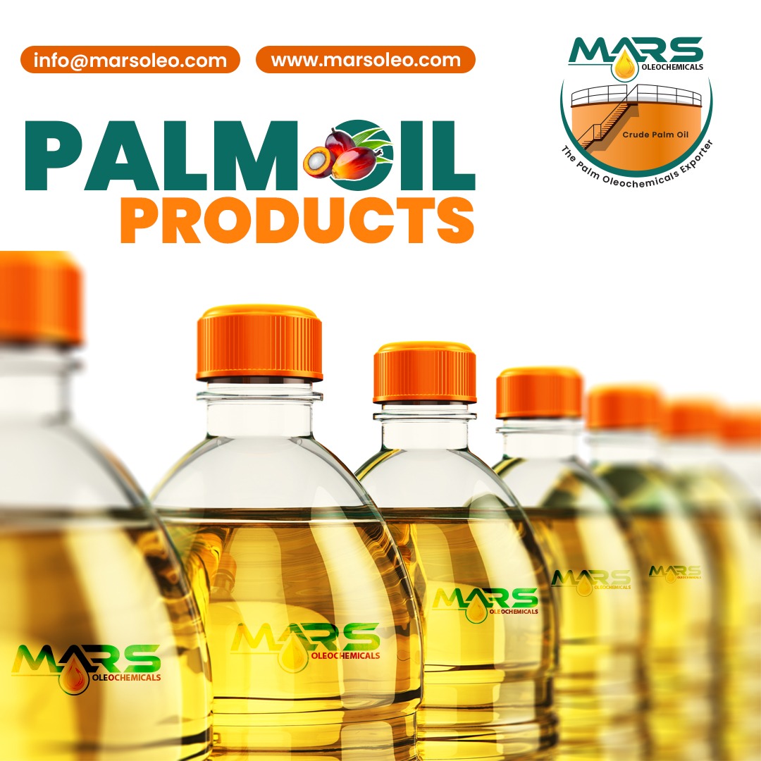 Palm oil products bottles with golden refined oil packaging Malaysia exporter Mars Oleochemicals