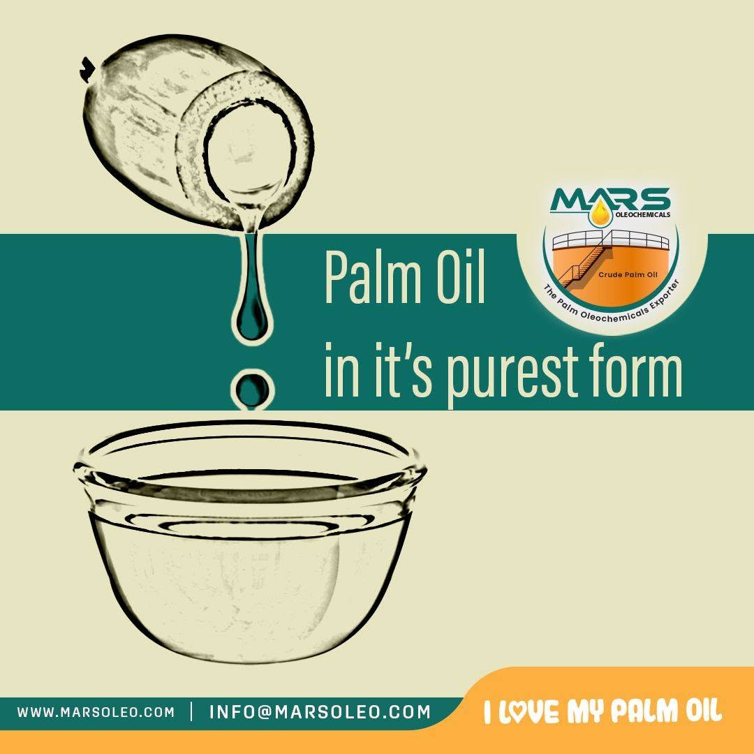 Malaysian palm oil pouring into a bowl with Mars Oleochemicals palm oil exporter branding.
