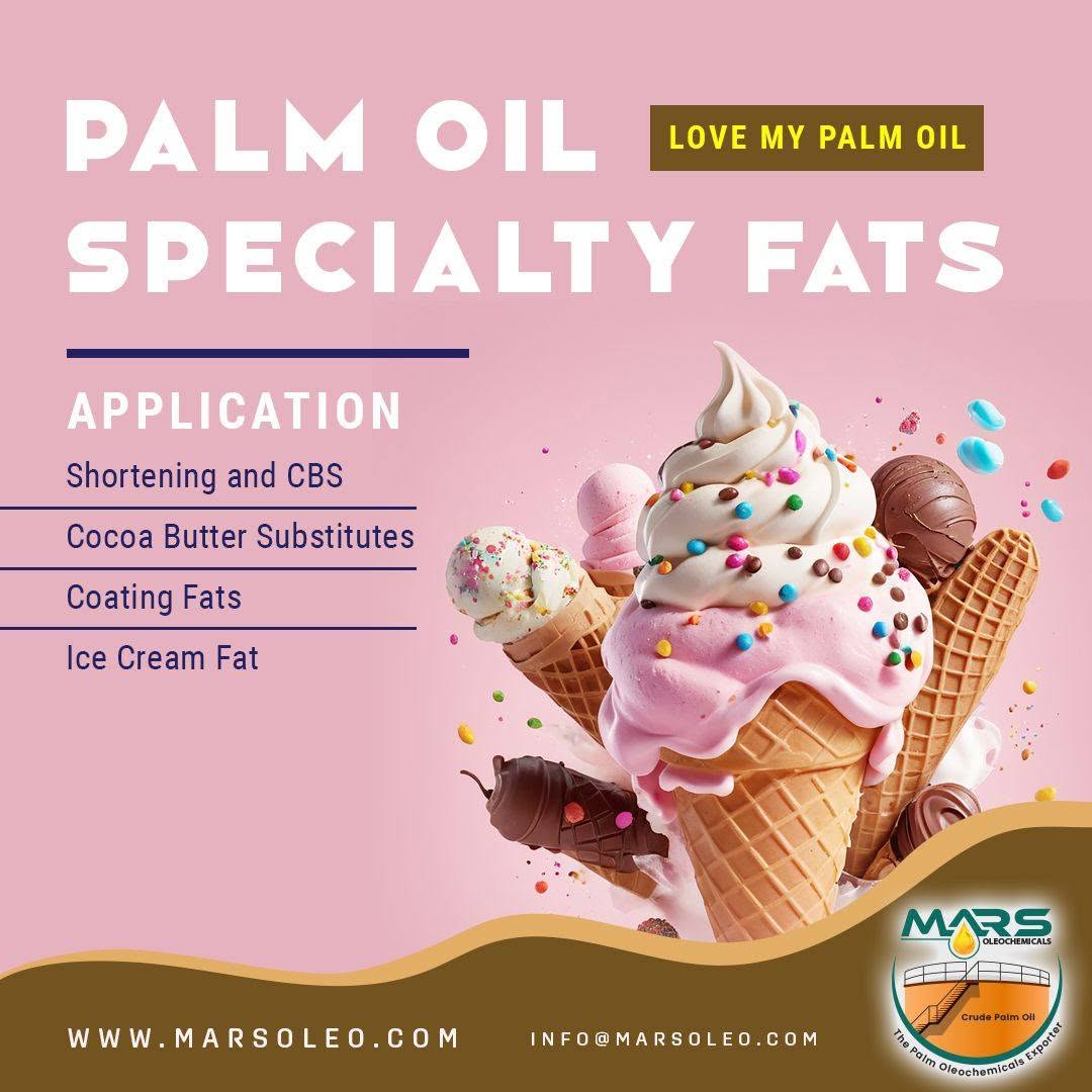 Palm oil specialty fats shortening, cocoa butter substitutes, coating fats and ice cream applications.
