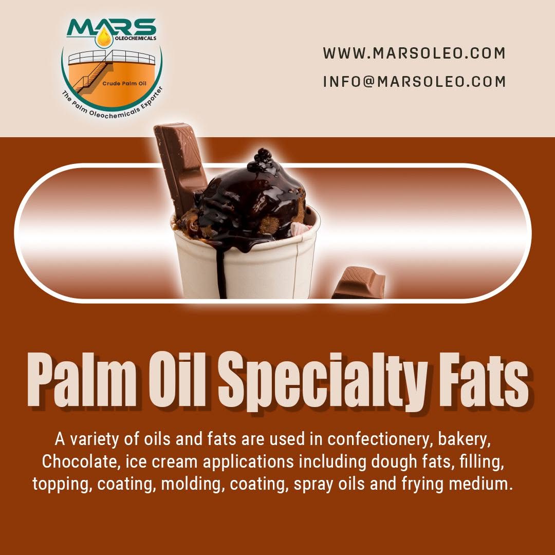 Mars Oleochemicals Palm Oil Specialty Fats featuring chocolate dessert representing bakery, confectionery, filling and coating applications.