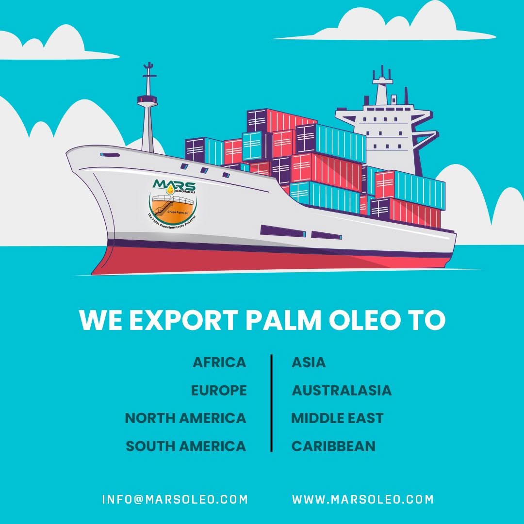 Cargo vessel with containers representing Mars Oleochemicals worldwide export of Malaysian palm-based oleochemical products.