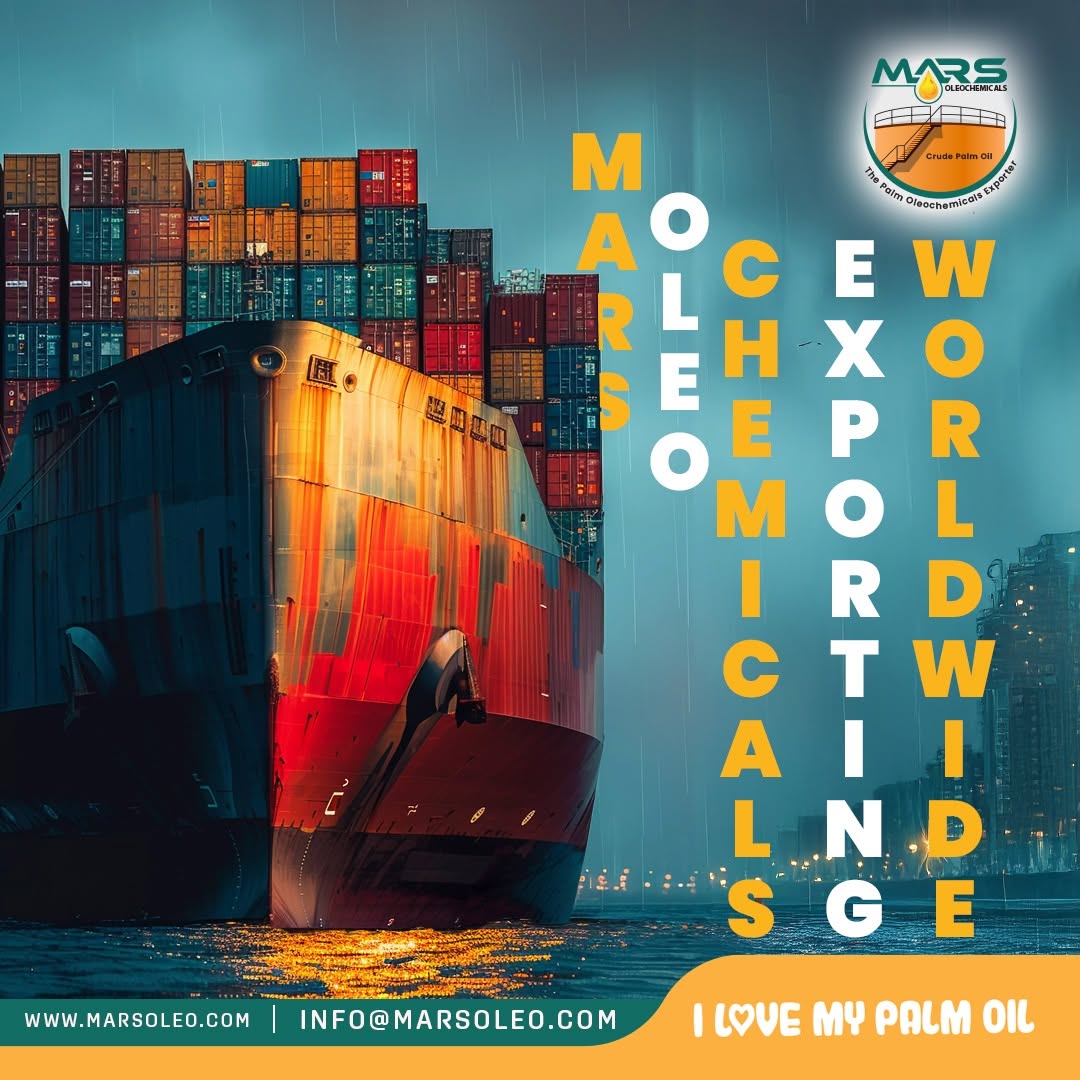 Cargo ship and containers Mars Oleochemicals worldwide export of Malaysian palm-based oleochemical products.