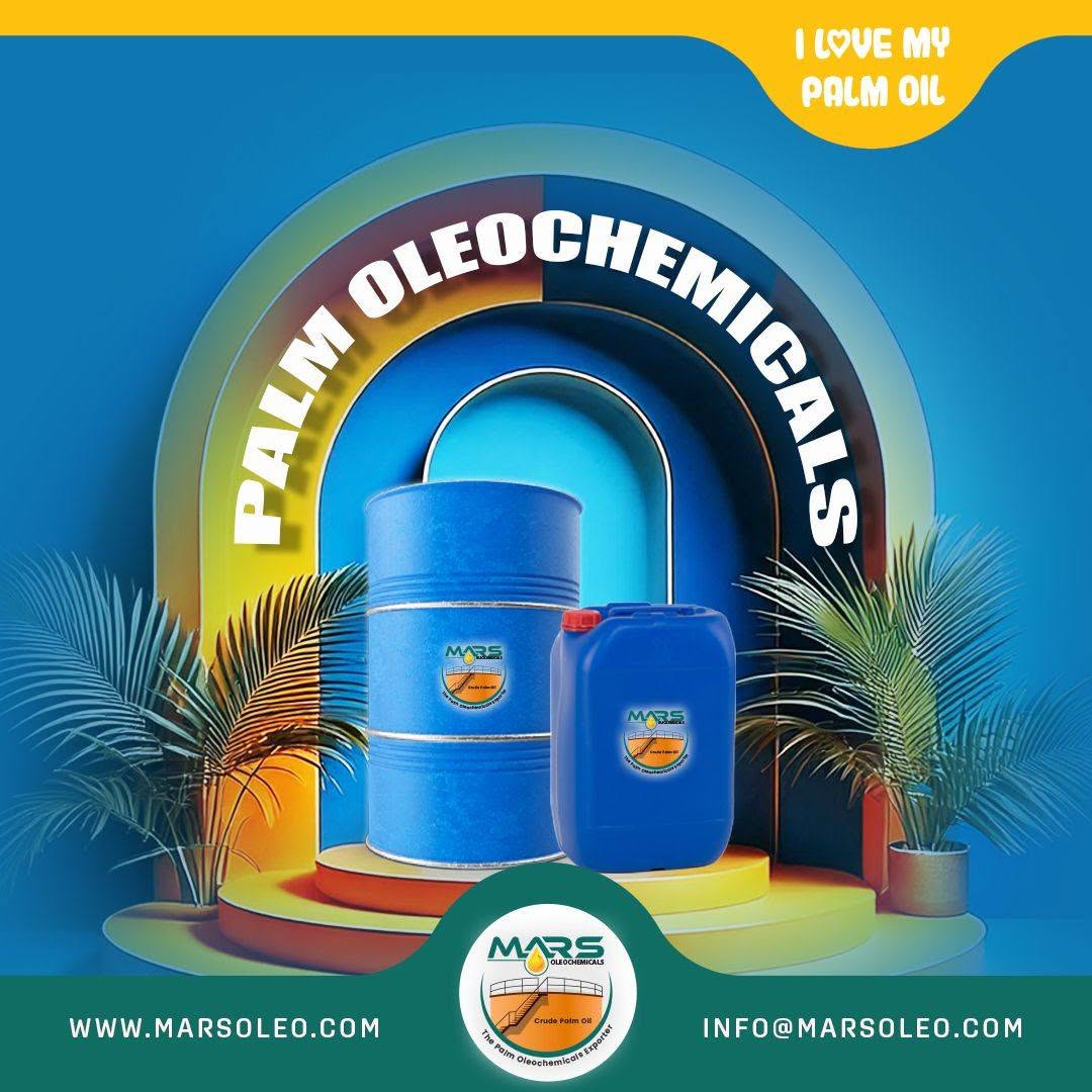 Palm oleochemicals from Malaysia displayed in industrial drum and container packaging by Mars Oleochemicals.