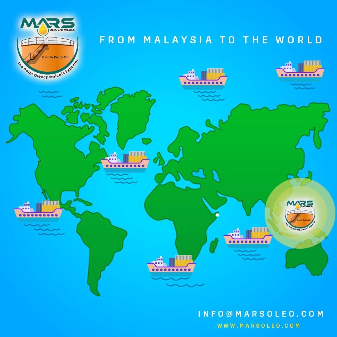 world map and cargo ships representing Mars Oleochemicals exports from Malaysia to international markets.