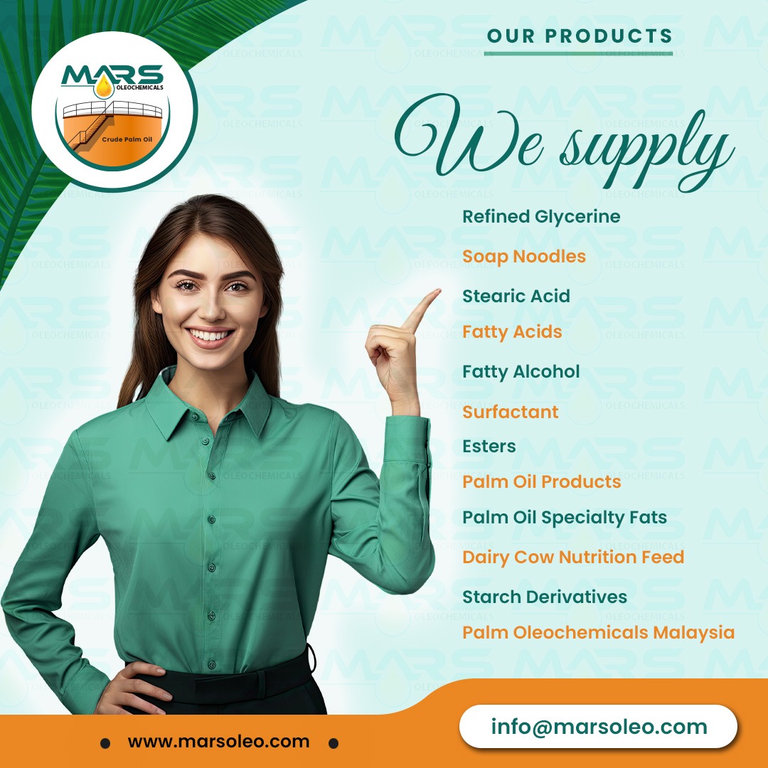 Palm Oleochemicals Malaysia supplier offering Refined Glycerine Soap Noodles Stearic Acid Fatty Acids Surfactants Esters and Palm Oil Products.