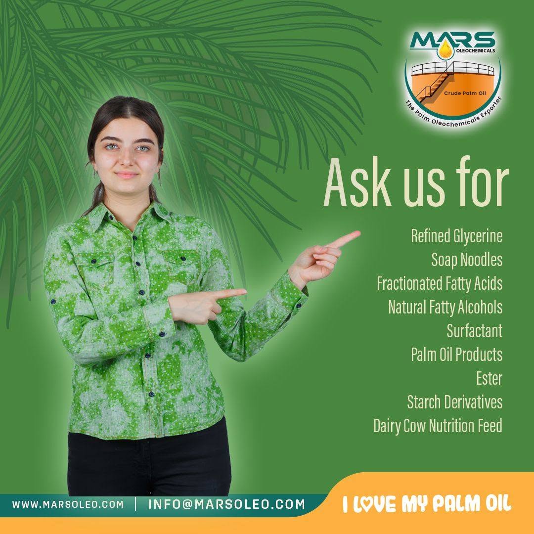 Mars Oleochemicals product range featuring glycerine, soap noodles, fatty acids, fatty alcohols, surfactants and palm oil products.