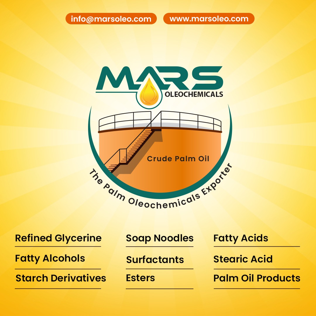 Palm oleochemicals product range including refined glycerine fatty alcohols soap noodles surfactants esters fatty acids Malaysia supplier