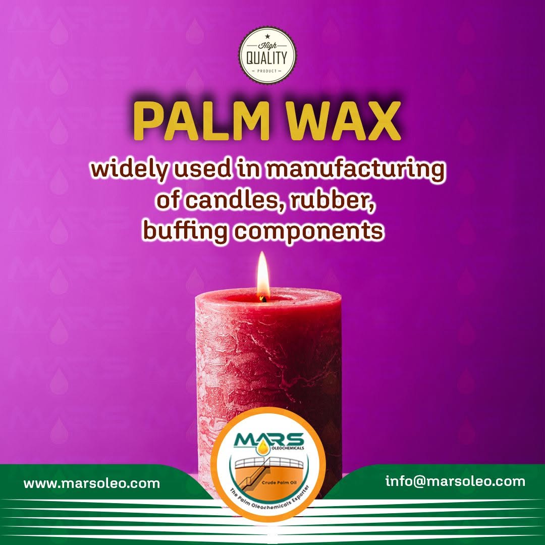 Palm Wax with candle image showing use in manufacturing candles, rubber products and buffing components supplied by Mars Oleochemicals.